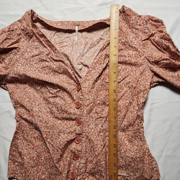 Free People Womens Medium Sienna Floral Blouse Tie Sleeves Orange Boho - Picture 9 of 12